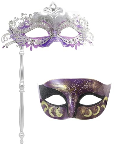 Coddsmz Couple Masquerade Masks Set with Holding Stick Venetian Halloween Costume Masks Mardi Gras Masks Party Costume Mask
