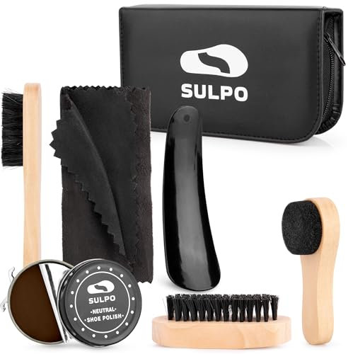 SULPO Kit Pulizia Scarpe 8 Pezzi - Set Pennelli Viaggio - Pulizia Scarpe Pelle - Lucida Scarpe Marrone/Neutro - Calzascarpe - Custodia in Pelle PU - Cura delle scarpe