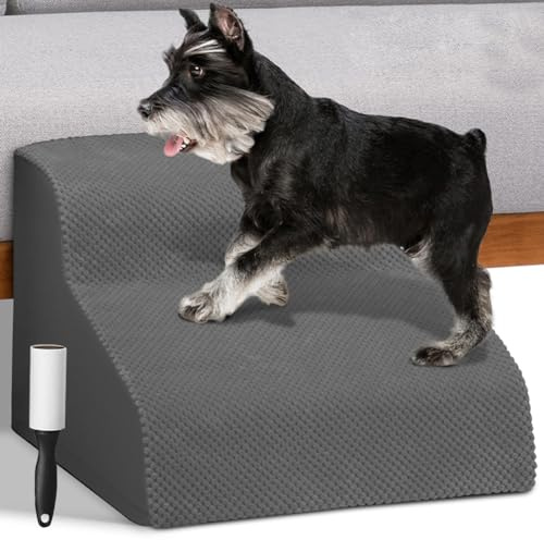 BAKAJI Échelle pour Animaux domestiques avec 2 marches et Rouleau, revêtement Amovible en Tissu côtelé, Rampe pour Chats et Chiens âgés, échelle Rembourrage Mousse Haute densité (Gris)