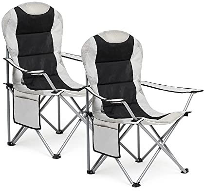 Mondeer Chaise de Camping, Lot de 2 Chaises Pliables, Chaise de Plage avec Porte-Gobelet et Poche de Côté pour Extérieur Jardin Plage, Charge Maximale de 120 kg, Gris Clair