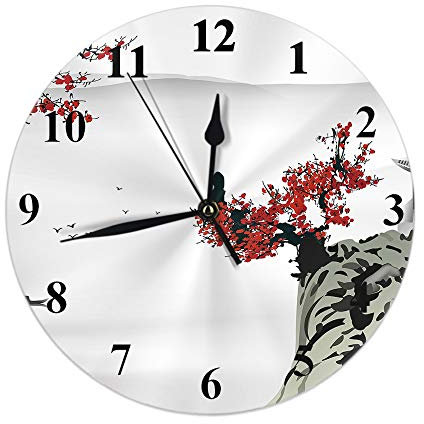 urtradezz Chinese Painting Wall Clock Mountain Flower Boat Cherry Blossoms River Pavilion Round Clocks Wall Decorative Silent No Ticking PVC Rustic Clock 25cm