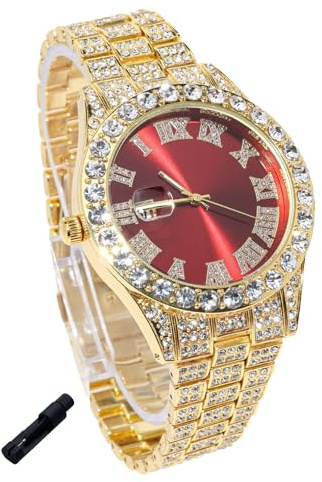 Genkigold Diamantklocka för tonårspojkar - rund urtavla 42 mm romerska siffror i 3 färger - guldpläterad 18K/platina-armband 20 cm - justeringsverktyg ingår, kan kombineras med kubansk kedja