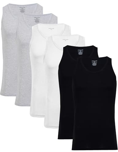 Men’s Vests Assorted Plain Colours - New Improved Fit, Cotton Rich, Sleeveless Undershirts, Pack of 6 - UK Size Black/White/Grey, Large