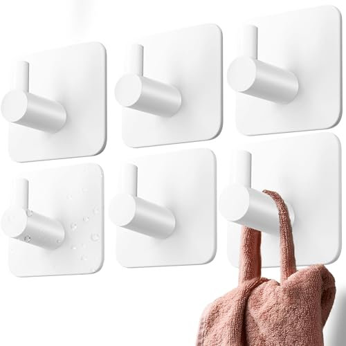 4smile Self Adhesive Hooks - 6 pcs Strong White Sticky Hooks for Hanging Towels - Stick on for Heavy Duty Waterproof, Bathroom Towel Rail, Tea Towel Holder