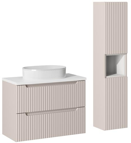 Lomadox Set di mobili da bagno da 2 pezzi con lavabo da 80 cm e armadietto alto con ripiano, cashmere e bianco, parte anteriore scanalata