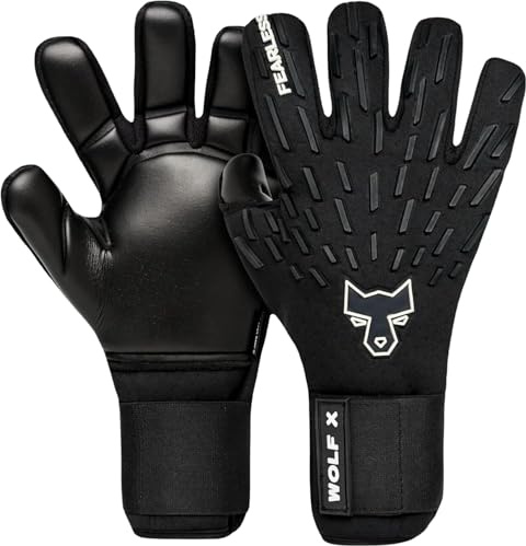 FEARLESS GOALKEEPERS Wolf X - Gants de Gardien de Foot Adulte & Enfant - Gant Gardien Football - Latex Allemand Contact - Excellente adhérence - Coupe négative - Effet Seconde Peau (Wolf X Onyx, 8)