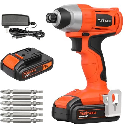 Rechargeable Impact Driver 20V, Yunirvana Variable Speed (0-2800RPM) Cordless Impact Driver with 6Pcs Screwdriver bits,1.3Ah Battery and Charger，Suitable for Tightening Screws