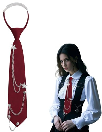 GHTIYLP Womens Tie Adjustable Pre-tied Ties for Women Punk Rock Metal Chain Necktie for Women Uniform School Performance (Red Chain 02)