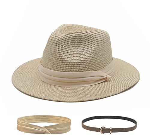 MivBuks Strohhut Damen Panama Hut Herren Fedora Sommerhut Sonnenhut Safari Hut Sonnenschutz Strandhut (DE/NL/SE/PL, Alphanumerisch, M, Beige)