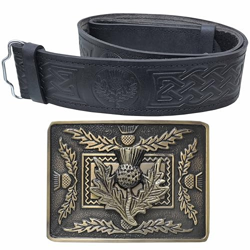 Kilt Belt and Buckle Set, Scottish Thistle Embossed Belt with Antique Celtic Trinity Buckles Pewter - Kilt Belts for Men (Celtic Thistle - Brass Antique, X-Large - 44 to 48)