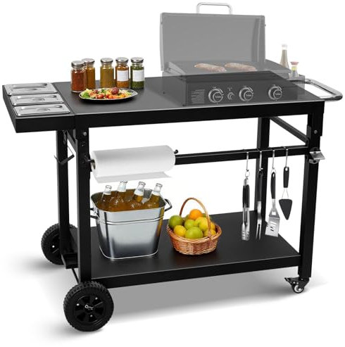 Wanchao Black Cast Iron 2-Shelf Grill Cart with Wheels,Heavy Duty Pizza Oven Stand for Blackstone Ninja,Outdoor Cooking Station with Durable Tabletop