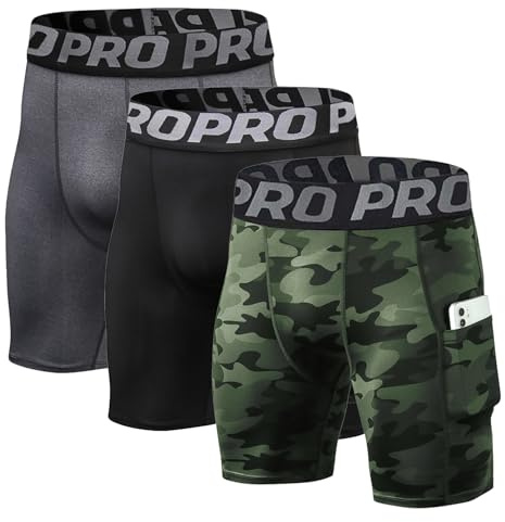 BEGIANT Kompressionsshorts för män sportshorts av spandex högpresterande löparshorts träningsunderkläder som ett ventilerande basskikt, Paket med 3: svart/kamouflagegrön/grå, L