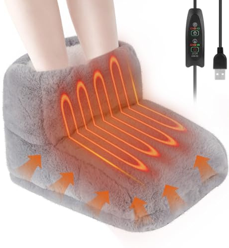 Heated Foot Warmer, Heated Feet Warmer, Plush Foot Heater with USB Automatic Constant Temperature, Heat Therapy Feet Warmer Boots for Women Men Winter Home Office Dormitory Keep Feet Warm, Grey