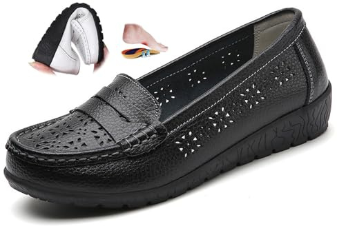 Mocassins orthopédiques pour femme en cuir respirant, large coupe mocassins classiques, mocassins de conduite, travail, chaussures d'allaitement, Noir H, 41 EU