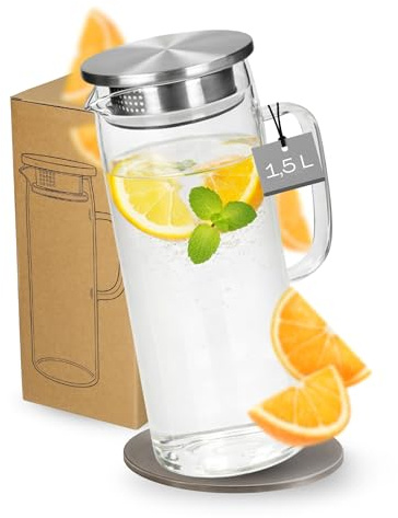 Glaskaraff med lock, 1,5 liter av borosilikatglas – vattenkaraff med fin filtrering tack vare silen – snygg karaff för vatten, fruktvatten och iste i vardagen och på kontoret, färg: transparent