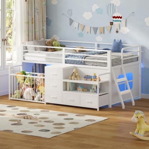 Cama Alta Infantil con Estantería Abierta & Baúl para Juguetes,Cama para Niños con 5 Cajones,Iluminación LED RGB Integrada, Barrera de Seguridad de 13 de Alto,Zona de Juegos debajo de la Cama,Blanco