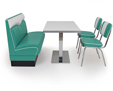 möbelland24 American Diner Sitzgruppe türkis: Sitzbank London 120cm + Diner Tisch + 2X Retro Stuhl