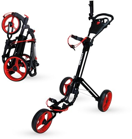 Qwik-Fold 3-Wheel Golf Push Cart with Foot Brake – 1-Second Fold & Unfold Trolley, Lightweight Aluminum Frame, Adjustable Handle, Smooth Ball-Bearing Wheels, Umbrella Holder & Storage - Black/Red