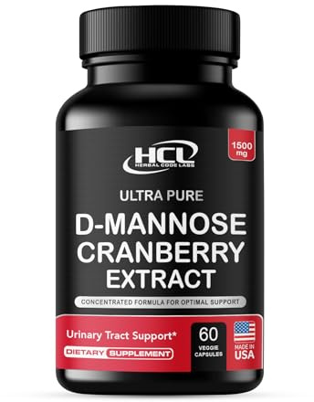 HCL HERBAL CODE LABS D-Mannose with Cranberry Extract Capsules 1500mg – High Potency USP Grade D-Mannose Supplement with Whole Fruit Cranberry Powder – Urinary Tract Support – Non-GMO 60 Capsules