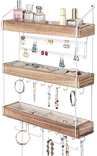 J JACKCUBE DESIGN Wall Mounted 3 Tier Wooden Jewelry Organizer Rack with Accessories Storage Shelf and 18 Metal Earring, Necklace Hooks- MK907A
