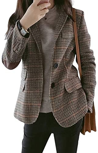 CHARTOU Women's Chic Lapel Collar Plaid 2-Button Business Work Office Blazer Suit Jacket (Small, Brown)