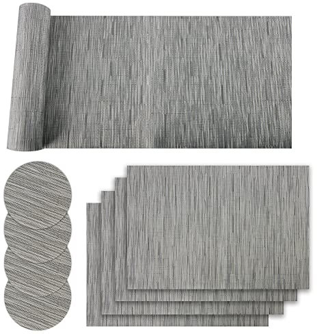 ZENO Placemats Table Mats | 9 Piece Set with 4 x Placemats + 4 x Coasters + 1 x Long Table Mat | Resistant Anti Slip Table Place Mats and Coaster Sets for Home | Restaurant | Grey