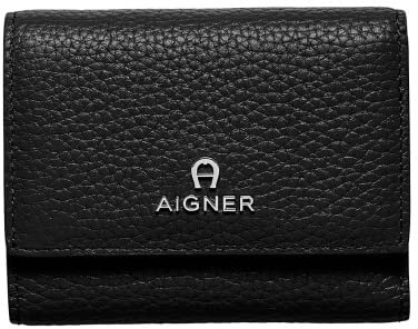 Aigner Geldbörse Ivy, Schwarz/Silber: Geldbörse für Erwachsene, Unisex, Klassisch, Minimalistisch, Rindsleder, Metall-Logo, 7 Fächer, Münztasche, Druckknopfverschluss, Silber glänzend