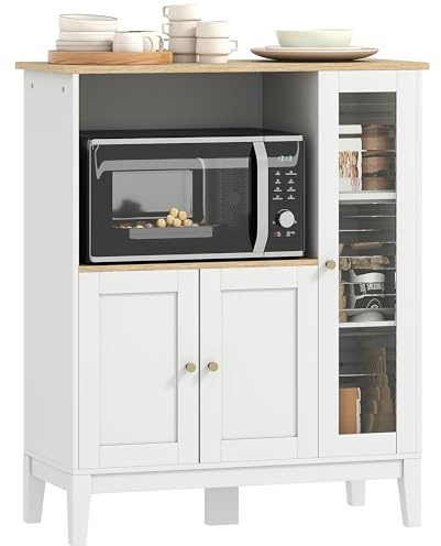 HOMCOM Meuble Micro-Ondes, Armoire de Cuisine, Buffet, avec 1 Niche 3 Portes, Passe-câbles, pour Cuisine, Salle à Manger, Salon, 80 x 35 x 97 cm, Verre trempé, Blanc et Aspect Bois