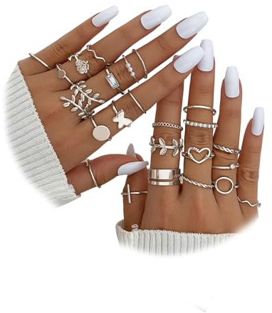 IFKM 24 Pcs Silver Knuckle Rings Set For Women Vintage Stackable Joint Finger Midi Rings Dainty Cubic Zirconia Crystal Simple Twist Hollow Cute Rings Pack Jewelry Gift (Love of Leaves, Silver)