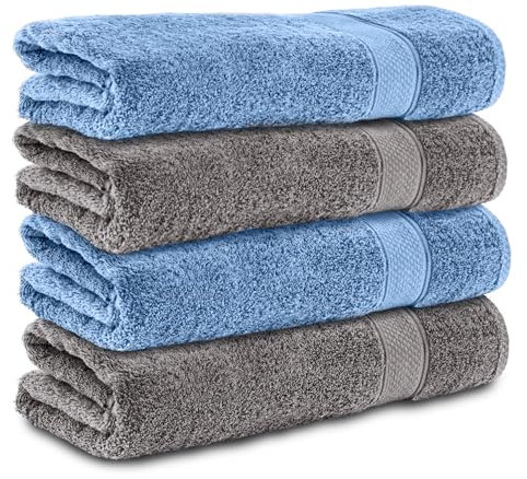 Komfortec 4er Handtücher 50x100 cm Set aus 100% Baumwolle, Frottee, Weich, Anthrazit Grau/Hellblau