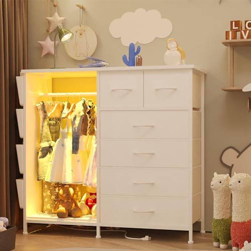 WODRAWER 6 Drawer Dresser for Bedroom with Clothes Rack, Clothes Dresser with Side Pockets and Hooks, Charging Station & LED Lights, Wooden Top, Fabric Storage (White)