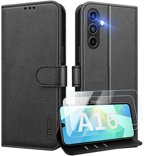 UITUIM Cover per Samsung Galaxy A16 5G/4G Custodia con 2 Vetro Temperato Pellicola a Libro Portafoglio in Pelle Porta Carte Protettiva Flip Case,Nero
