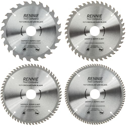 4 Pack - 185mm x 24T 40T 60T 80T TCT Circular Saw Blades x 30mm Bore + 25mm/20mm/16mm Bore Reduction Rings Fits Evolution Bosch Makita Ryobi Dewalt Circular Saws Etc. Fits 190mm Circular Saw