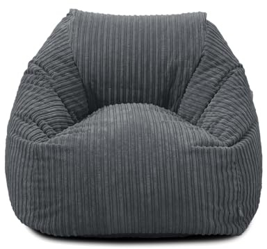 Bags of Beans Extra Large Jumbo Corduroy Bean Bag Chair for Adults and Teens - XL Pre-Filled Lightweight Lounger Seat - Comfortable Gaming Chair for Bedroom and Living Room - Slate Grey
