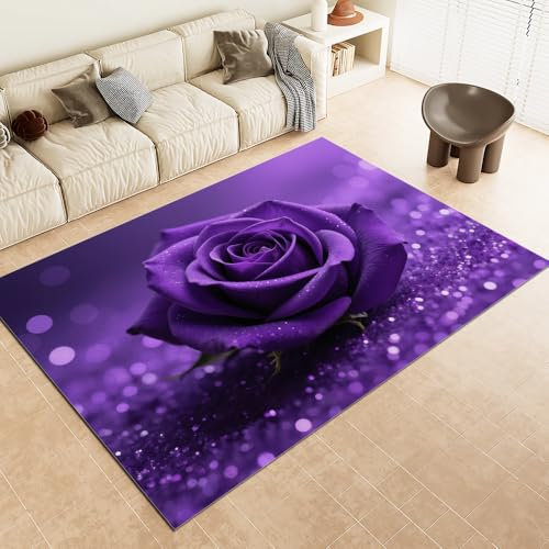 DUCAPE Lila Rosen Zurück 120 x 180cm Schöne Leuchtende Pflanzen Weicher Flanell-Teppich für Wohnzimmer Schlafzimmer Dekoration Bodenmatte für Zimmer Küche Flur Esszimmer weich leicht