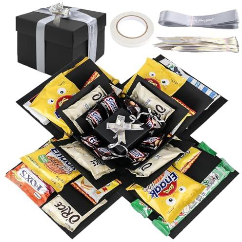 Caja de explosión de 5 capas DIY | Caja sorpresa y caja sorpresa con cinta adhesiva + cinta | Caja de regalo multiusos para cumpleaños, Navidad, San Valentín, boda y aniversario (Negro)