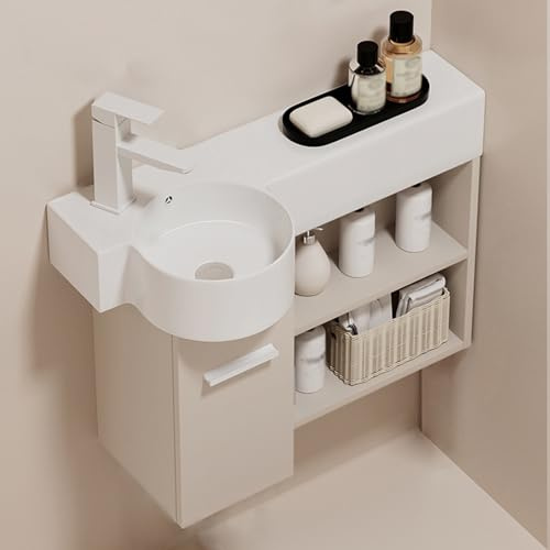 Hörnhandfat med möbler, kran och avlopp - utrymmesbesparande väggmonterat handfat för små badrum, öppen förvaring, vänsterinstallation (55 x 52 x 13 cm)