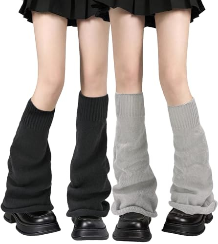 SGQTZDZQ Lot de 2 paires de jambières longues en tricot noir pour femme, jambières des années 80 pour patinage sur glace, festival en plein air, noir/gris, taille unique