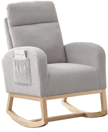 GAOMON Nursery Rocking Chair, Upholstered Glider Rocker with Side Pocket & High Backrest, Padded Gliding Armchair for Breastfeeding, Baby Nursery & Living Room, Light Gray