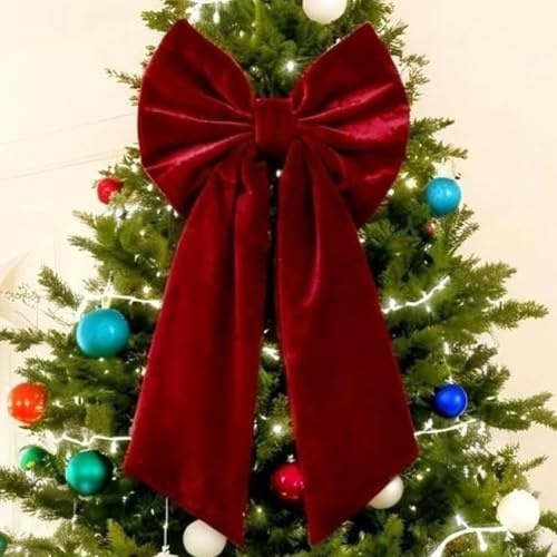 Generico Grande Fiocchi Puntale per Albero di Natale 90 X 45 Cm, Gigante Fiocchi in Velluto Bordeaux Natalizie per Decorazione Albero, Porta, Finestrino, Auto, Caminos