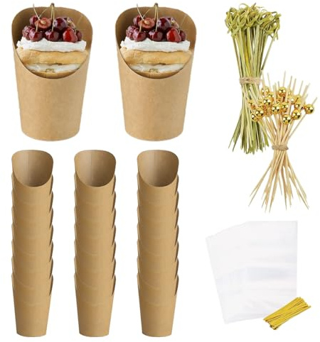 Vasos de embutidos – Papel | Vasos de embutidos con palos, vasos de postre pequeños | Vasos de aperitivos y aperitivos para fiestas, bodas, picnics y entretenimiento diario