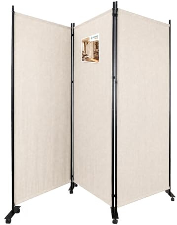 VOUNOT® Biombo Separador Plegable 3 Paneles Separador de Ambientes con Ruedas 262x30x180 cm Pantalla Privacidad Tela Poliéster Marco Metal Divisor de Habitación para Oficina Dormitorio Interior Beige