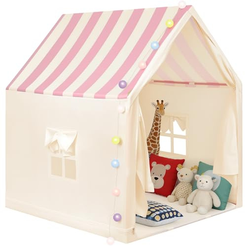 Anbte Tienda de Campaña Infantil,Rayas Rosas,para Niños a Partir de 3 años | Espaciosa y Portátil, Casita de Juegos para Niñas y Niños, con Luces, Varillas Metálicas y Bolsa de Transporte