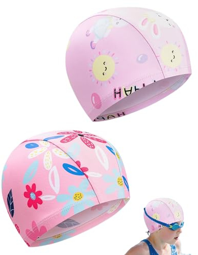 ZKUNL Enfant 2 Bonnet de Bain Polyester Imperméable,Piscine Doux Respirant Anti-UV Élastique Confortable Garçons Filles Adapté 1-6 Ans Rose Lot de 2