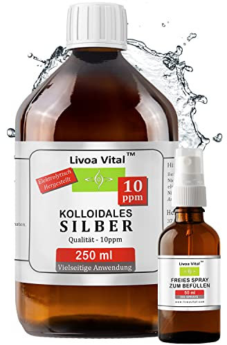 Kolloidales Silber 10ppm - 250ml Silberwasser in Top Qualität durch Spezielles Verfahren und Lange Herstellungserfahrung - Mit Gratis Spray Sprühflasche - Höchstmögliche Reinheitsstufe von 99,99%