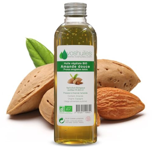VOSHUILES - Huile Végétale BIO d'Amande Douce - 250ml - Hydratation Naturelle - Soin Peau et Cheveux - Qualité Premium - Usage Cosmétique et Massage |