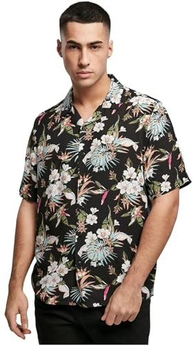 Urban Classics Viscose AOP Resort Shirt Hombre, Camisa Hawaiana con Estampado de Flores y Cuello Vuelto, Tallas S-5XL, Blacktropical, XXXL