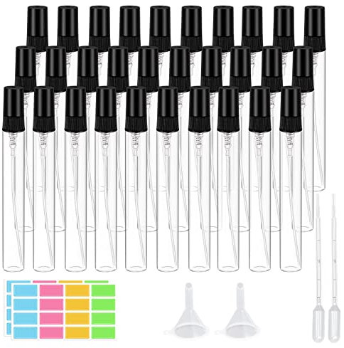 suruikei 30 Stück 10ml Parfümzerstäuber Glas, Mini Sprühflasche klein Zerstäuber Nachfüllbar mit Trichter Pipetten und Etikettenaufkleber, Parfüm Zerstäuber für Unterwegs (30 x 10ml)