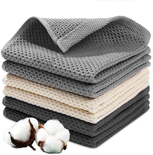 JOTOL Paños de Cocina,Toallas de té,Paños de Cocina Suaves,Toallas de Cocina 100% algodón Rizado,Paquete de 6 Toallas de Cocina,65 x 45 cm（Gris Oscuro, Gris Claro, Beis）
