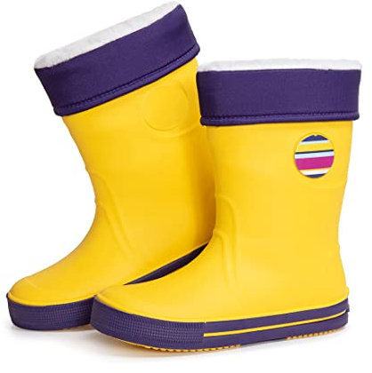 CLUB4BRANDS Botas de Agua para Niños | Botas de Agua con Forro Desmontable | Botas de Invierno | Con Detalles Reflectantes de 3M™ Scotchlite™ | Fabricadas en Italia (28-29 EU - Amarillo/Violeta)